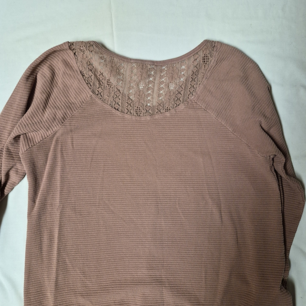 Cupio Womens Dusty Rose Waffle Knit Lace Trim V-Neck‎ 3/4 Sleeve Top Size Medium